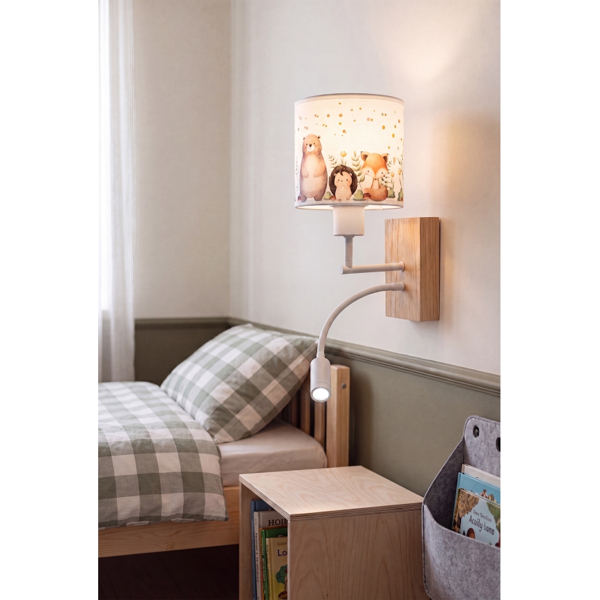 BRILAGI - Luminária de parede infantil flexível LED BOBO WOOD 1xE27/25W/230V + LED/3W carvalho/branco/motivos de animais