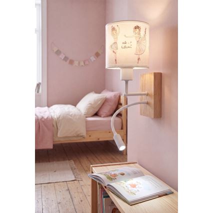 Brilagi - Candeeiro de parede flexível infantil LED BOBO WOOD 1xE27/25W/230V + LED/3W carvalho/branco/rosa/bailarinas