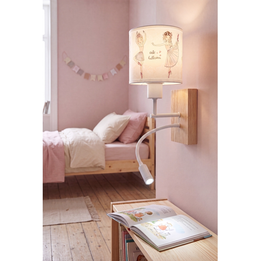Brilagi - Candeeiro de parede flexível infantil LED BOBO WOOD 1xE27/25W/230V + LED/3W carvalho/branco/rosa/bailarinas