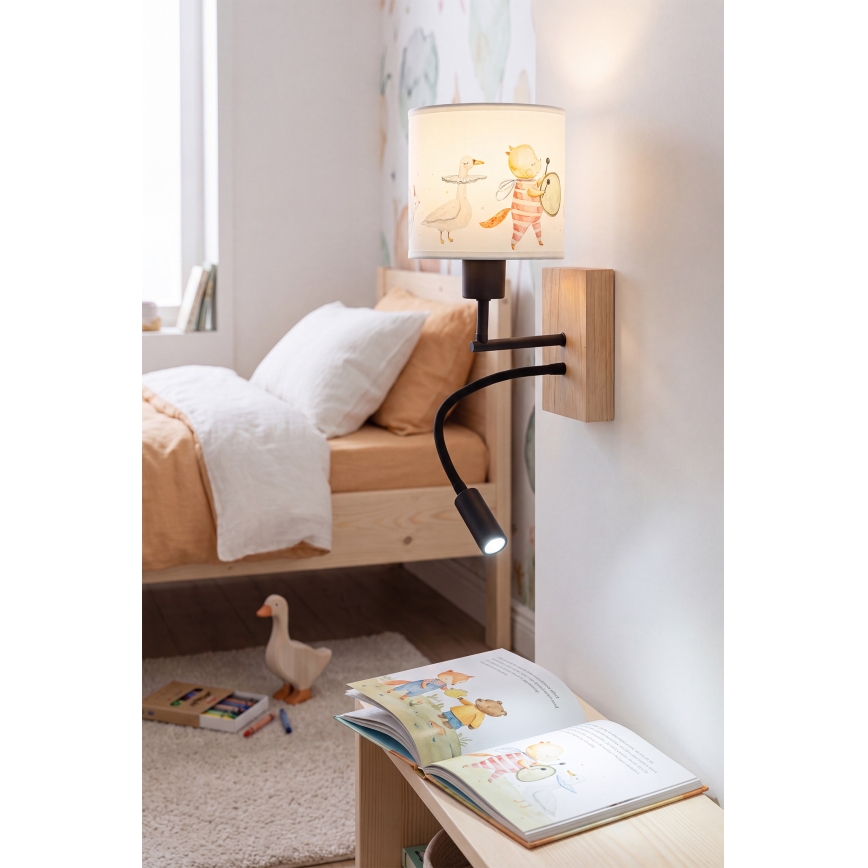 Brilagi - Candeeiro de parede infantil LED flexível BOBO WOOD 1xE27/25W/230V + LED/3W carvalho/preto/branco/motivos de animais