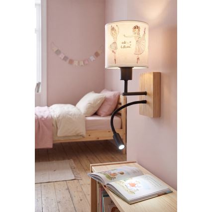 Brilagi - Candeeiro de parede infantil LED flexível BOBO WOOD 1xE27/25W/230V + LED/3W carvalho/preto/branco/rosa/sapatilhas de ballet