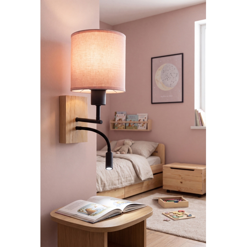 Brilagi - Lâmpada LED de parede flexível BOBO WOOD 1xE27/25W/230V + LED/3W carvalho/preto/rosa