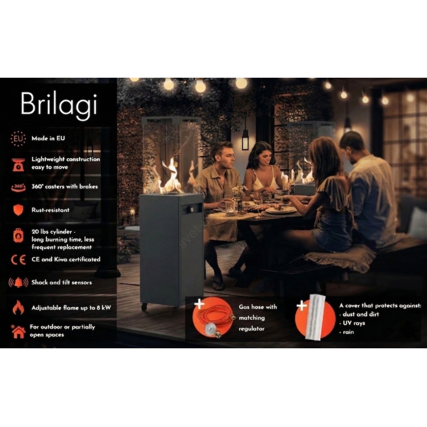 BRILAGI - Lareira a gás exterior FLARO GAS 142x36 cm 8kW 1xAAA antracite + capa protetora