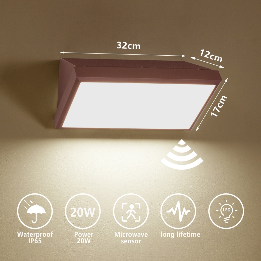 Brilagi - Aplique de parede exterior LED com sensor TRIANGLE, 20W/230V, castanho, IP65