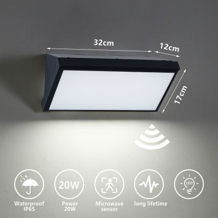 Brilagi - Luminária de parede LED exterior com sensor TRIANGLE LED/20W/230V preto IP65