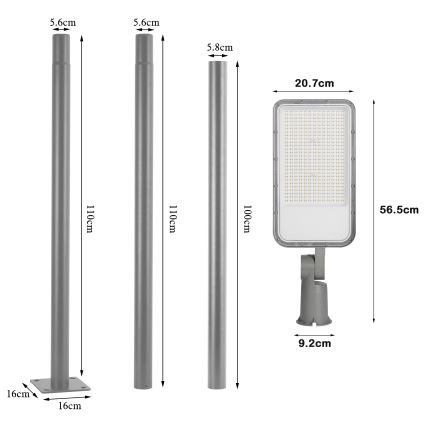 Brilagi - Luminária LED de rua para exterior com poste articulado de 3 m URBANLIGHT LED/200W/230V cinzenta IP65
