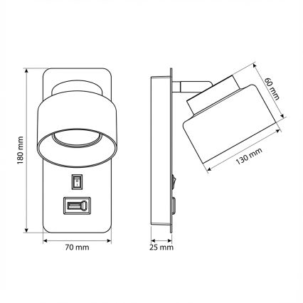 Brilagi - LED Candeeiro de parede com porta USB AURA LUX 1xGX53/30W/230V preto/dourado