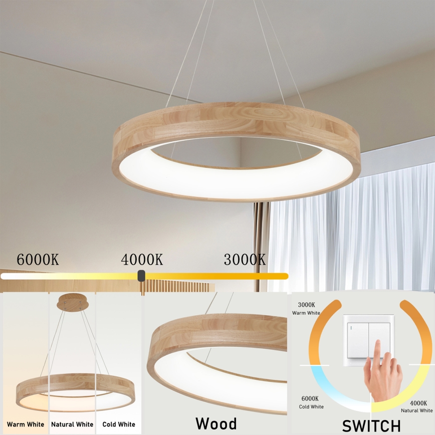 Brilagi - Lustre LED suspenso por cabo FALCON WOOD LED/40W/230V 3000/4000/6000K Ø 60 cm madeira