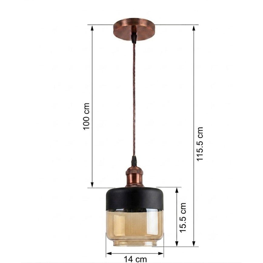 Brilagi - Pendente LED em cabo RETRO GLASS 1xE27/60W/230V diâmetro 14 cm cobre/bege fumê/preto