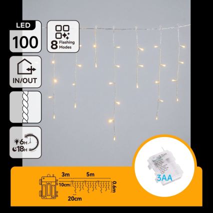 BRILAGI - LED Cordão de Natal para exterior 100xLED/3xAA/8 funções 8x0,6m IP44 branco quente
