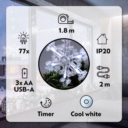 BRILAGI - LED Cortina de Natal 77xLED/3xAA/USB 3,8m flocos de neve branco frio