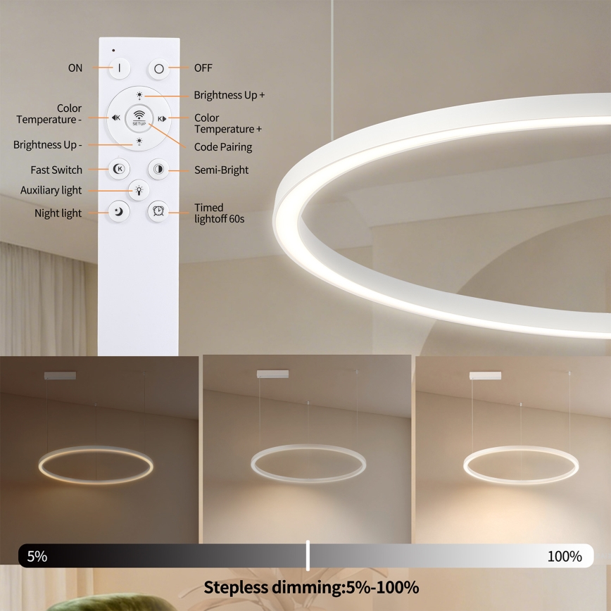 Brilagi - Lustre LED regulável suspenso por cabo PORTOFINO LED/60W/230V 3000-6000K Ø 80 cm branco + comando à distância