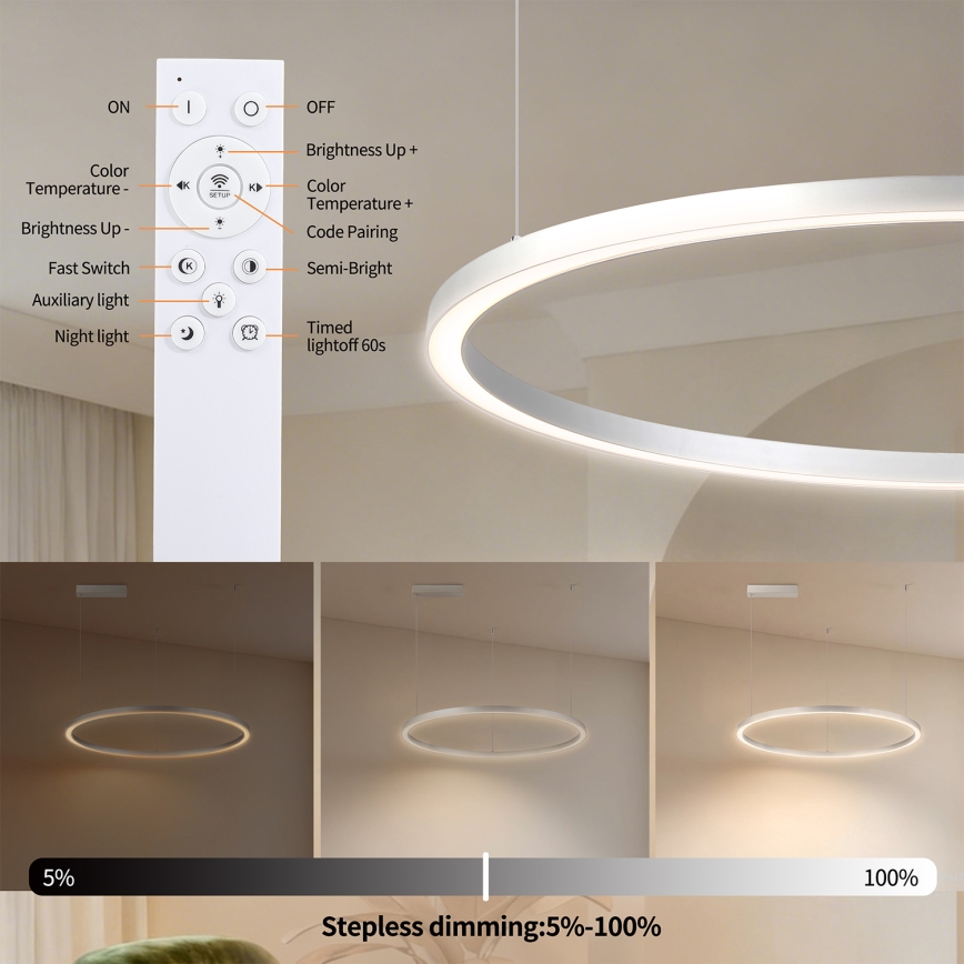 Brilagi - Lustre LED regulável suspenso por cabo PORTOFINO LED/60W/230V 3000-6000K diâmetro 80 cm prateado + controlo remoto