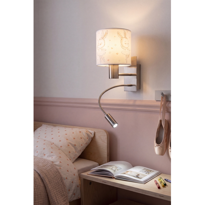 BRILAGI - Aplique de parede infantil LED flexível BOBO 1xE27/25W/230V + LED/3W cromo mate/branco/coelhinhos