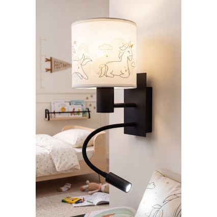Brilagi - LED Lâmpada de Parede Infantil Flexível BOBO 1xE27/25W/230V + LED/3W preto/branco/estampa de unicórnios