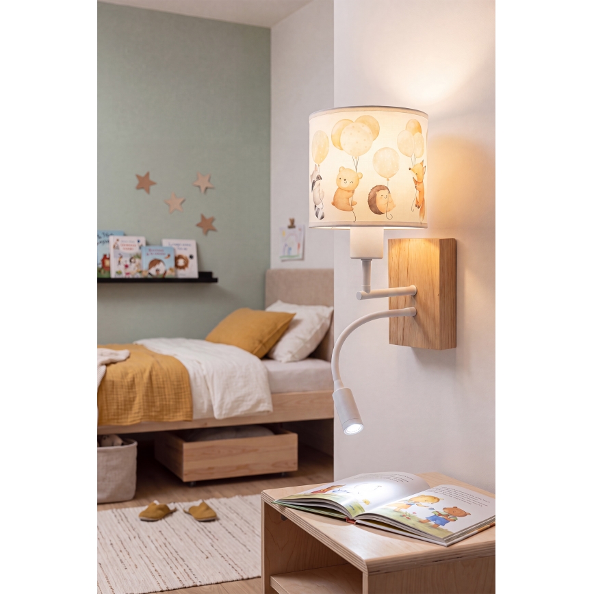Brilagi - Lâmpada de parede infantil LED flexível BOBO WOOD 1xE27/25W/230V + LED/3W carvalho/branco/animais