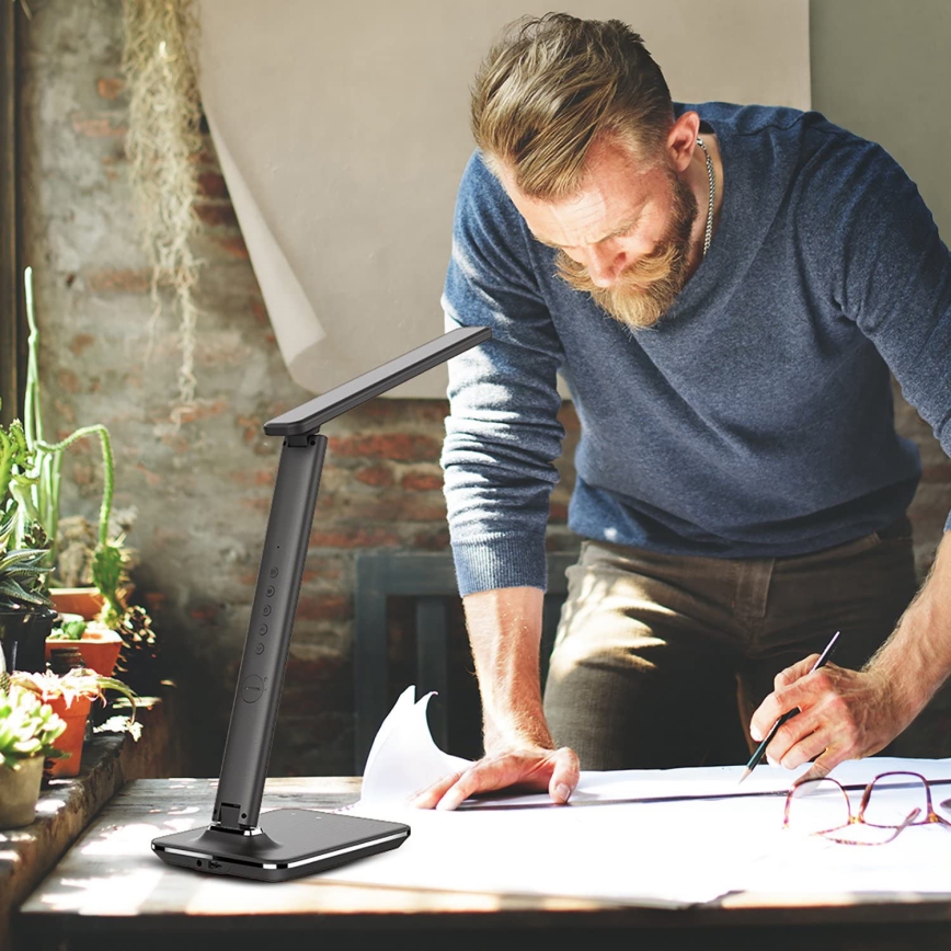 Brilagi - Lâmpada de mesa LED regulável com carregamento sem fio QI e USB REGINA LED/8,5W/230V preta