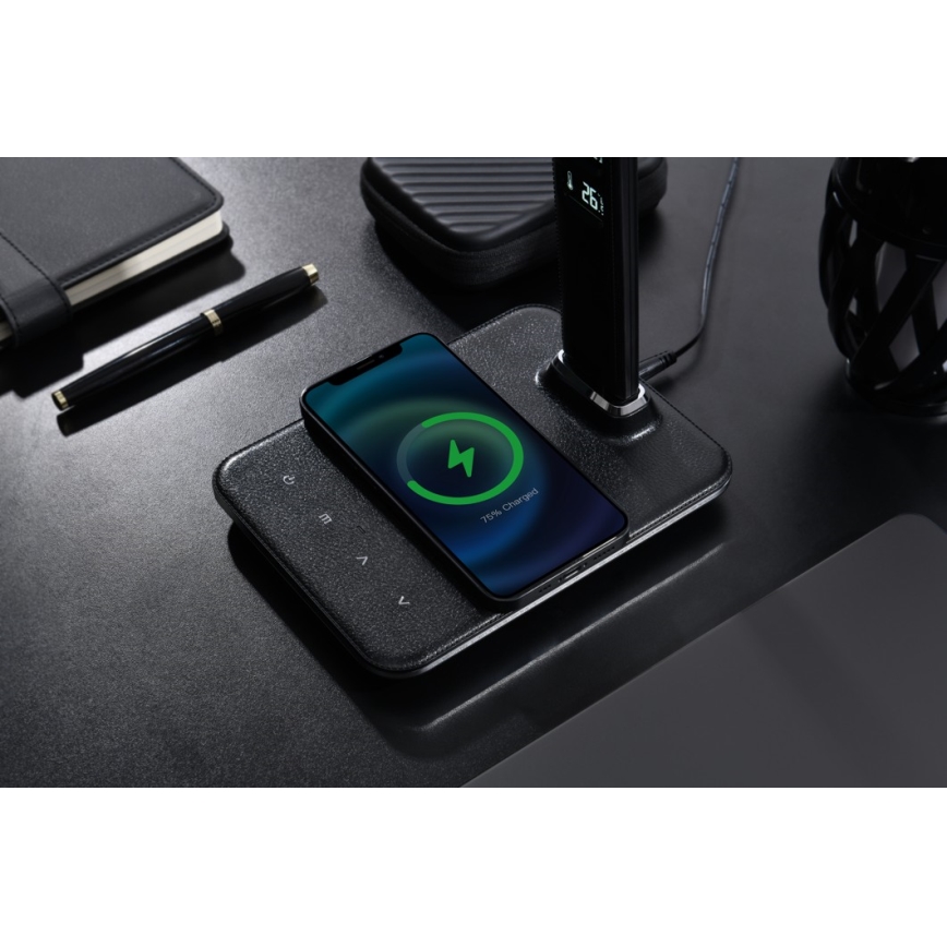 Brilagi - Lâmpada de mesa LED regulável com carregamento sem fio QI e USB REGINA LED/8,5W/230V preta