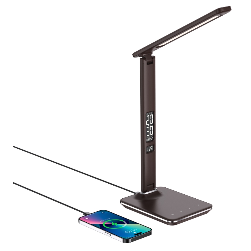 Brilagi - Lâmpada de mesa LED regulável com carregamento sem fios Qi e porta USB REGINA LED/8,5W/230V castanha