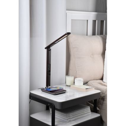 Brilagi - Lâmpada de mesa LED regulável com carregamento sem fio QI e USB REGINA LED/8,5W/230V castanha