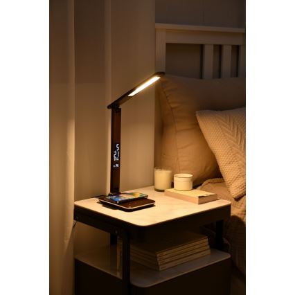 Brilagi - Lâmpada de mesa LED regulável com carregamento sem fio QI e USB REGINA LED/8,5W/230V castanha