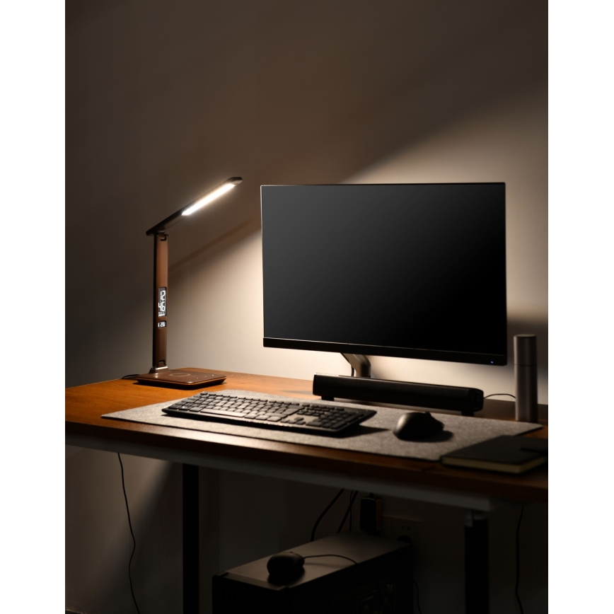 Brilagi - Lâmpada de mesa LED regulável com carregamento sem fio QI e USB REGINA LED/8,5W/230V castanha