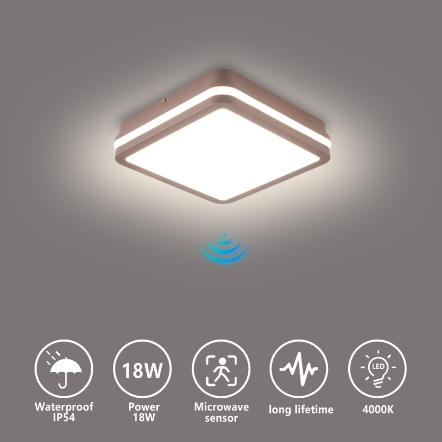 Brilagi - Luminária de teto para exterior com sensor BENE LED/18W/230V 21,5x21,5 cm castanha IP54
