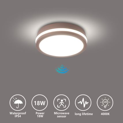 Brilagi - Candeeiro de tecto LED para exterior com sensor BENE LED/18W/230V Ø 21,5 cm castanho IP54