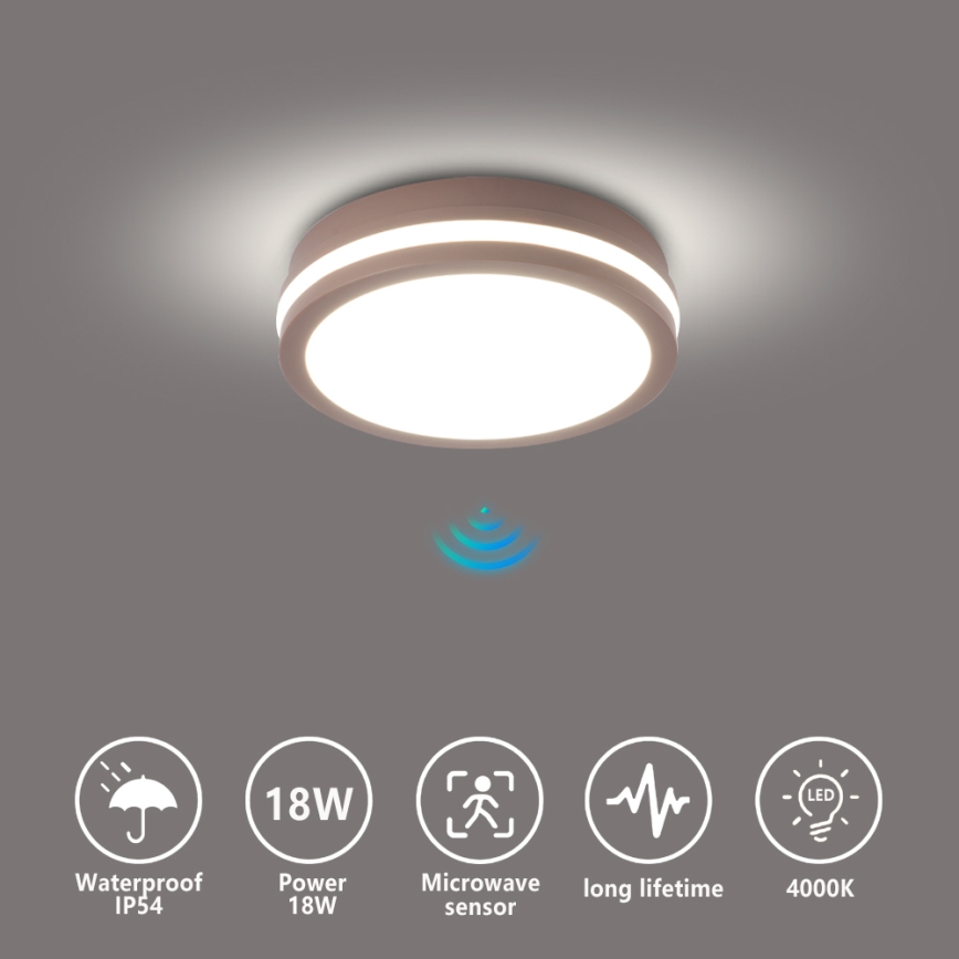 Brilagi - Candeeiro de tecto LED para exterior com sensor BENE LED/18W/230V Ø 21,5 cm castanho IP54