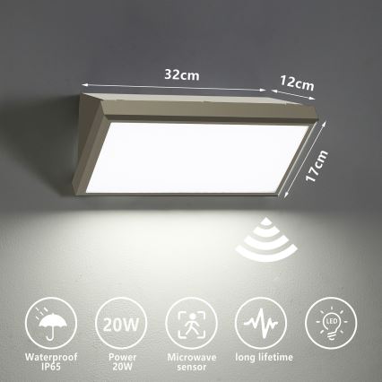 Brilagi - Luminária de parede LED exterior com sensor TRIANGLE LED/20W/230V cinza IP65