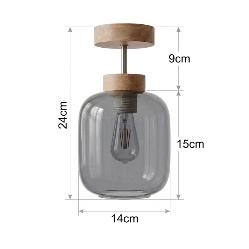 BRILAGI - Candeeiro de teto de superfície LED RETRO GLASS 1xE27/60W/230V Ø 14 cm carvalho/cinzento fumado