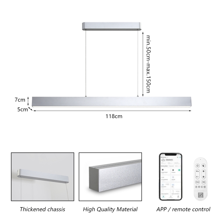 Brilagi - Luminária LED dimmável com cabo SLEEKLINE SMART LED/40W/230V 3000-6000K Wi-Fi Tuya prateada + controle remoto