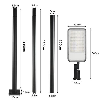 Brilagi - Luminária LED de rua externa com poste de 3 m e articulação URBANLIGHT LED/200W/230V preta IP65