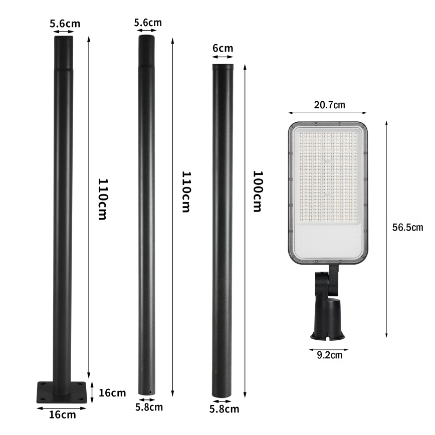 Brilagi - Luminária LED de rua externa com poste de 3 m e articulação URBANLIGHT LED/200W/230V preta IP65
