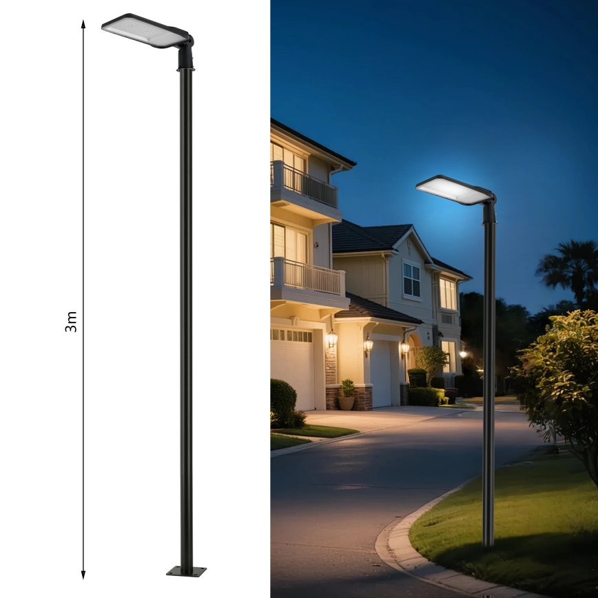 Brilagi - Luminária LED de rua externa com poste de 3 m e articulação URBANLIGHT LED/200W/230V preta IP65