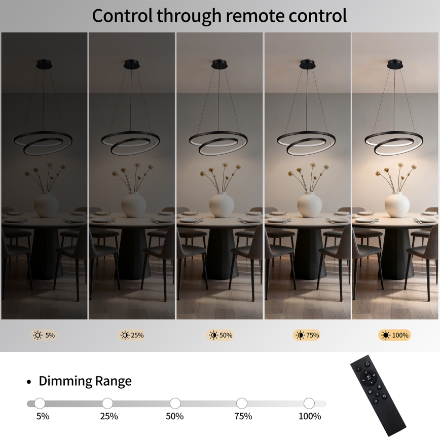 Brilagi - Lustre LED dimerizável em cabo TWISTER LED/48W/230V 3000-6000K diâmetro 50 cm preto + controlo remoto