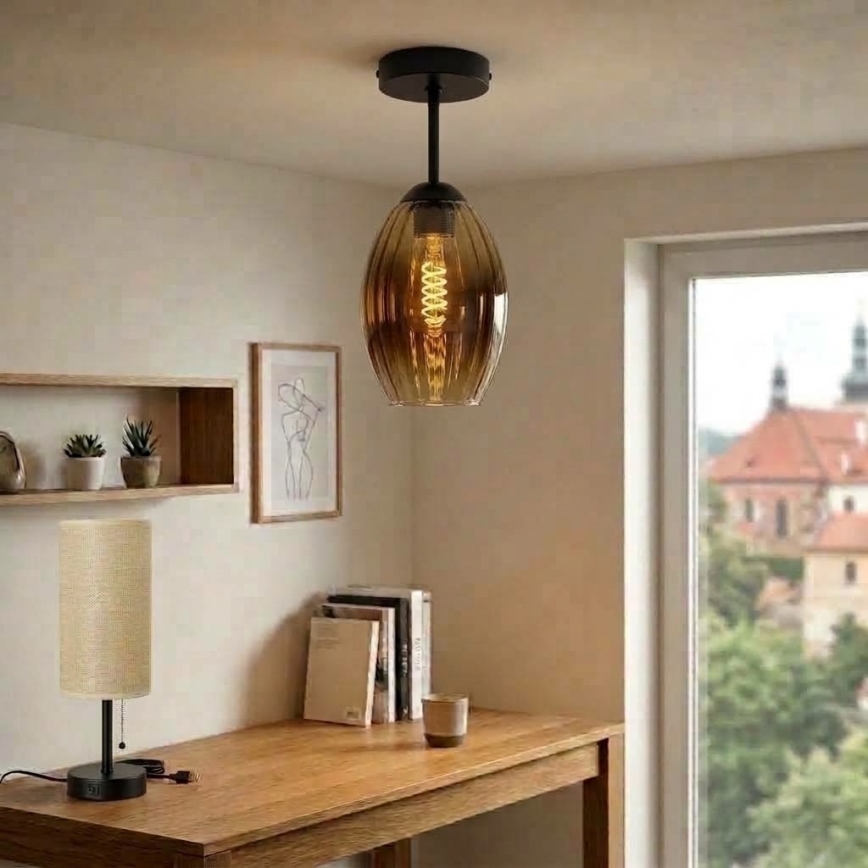 BRILAGI - Lustre LED de montagem superficial para tecto RETRO GLASS 1xE27/60W/230V Ø 17 cm preto/fumê bege