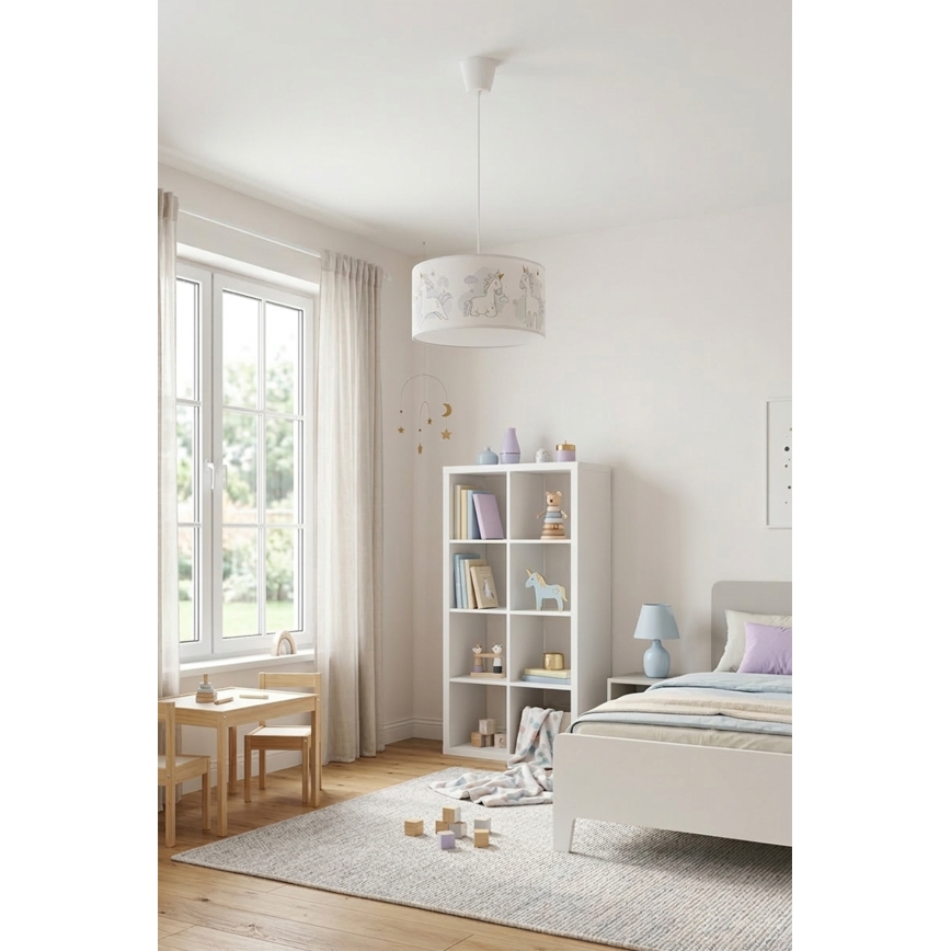 Brilagi - Lustre infantil LED suspenso por cabo BOBO 1xE27/10W/230V, Ø 35 cm, branco com unicórnios