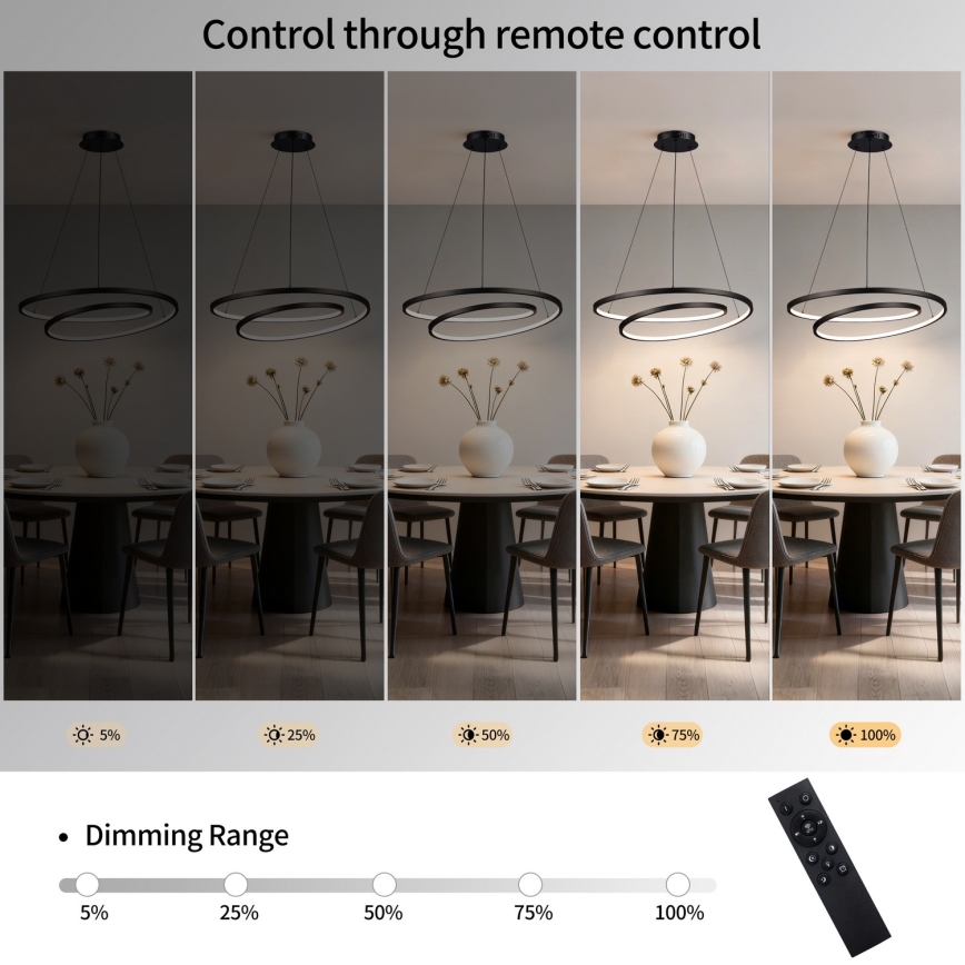 Brilagi - Lustre LED dimerizável suspenso por cabo TWISTER LED/75W/230V 3000–6000K Ø70 cm preto + comando à distância