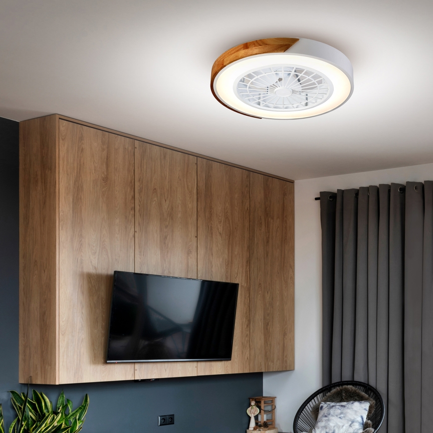 Brilagi - Luminária de teto LED dimerizável com ventilador, 30W, 230V, 3000–6500K, Ø 50 cm, branco/carvalho + comando remoto