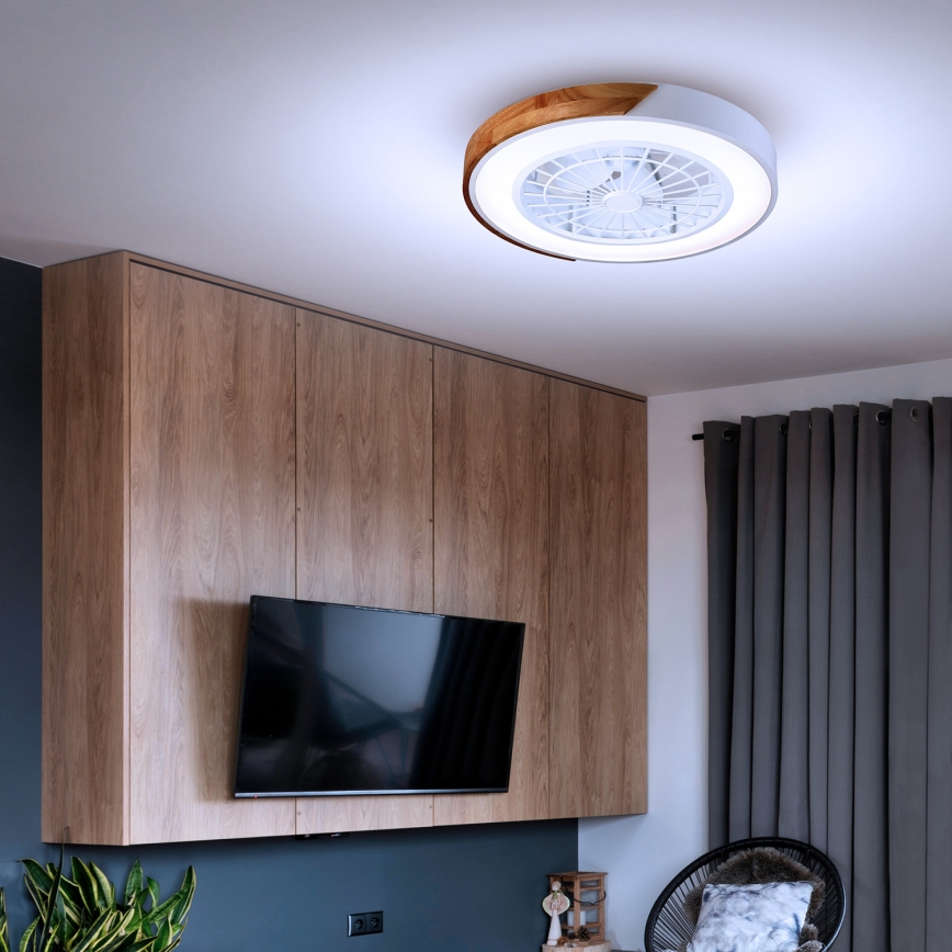 Brilagi - Luminária de teto LED dimerizável com ventilador, 30W, 230V, 3000–6500K, Ø 50 cm, branco/carvalho + comando remoto