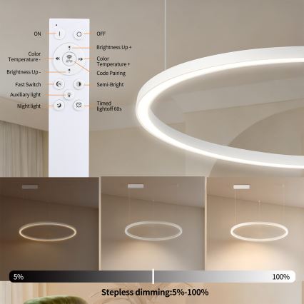Brilagi - Lustre suspenso dimerizável PORTOFINO LED/60W/230V 3000-6000K Ø 80 cm branco + controlo remoto