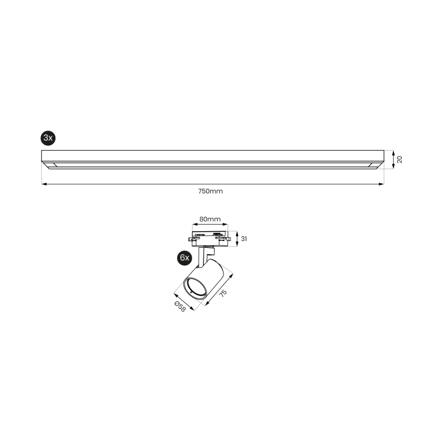Brilagi - Luminária de focos para sistema de calha HUSKY 6xGU10/10W/230V preta