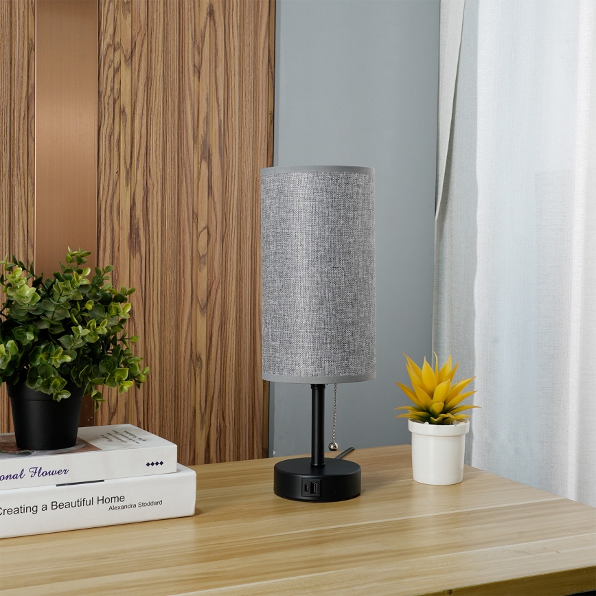 Brilagi - Luminária de mesa com porta USB TABLON 1xE27/25W/230V preta/cinza