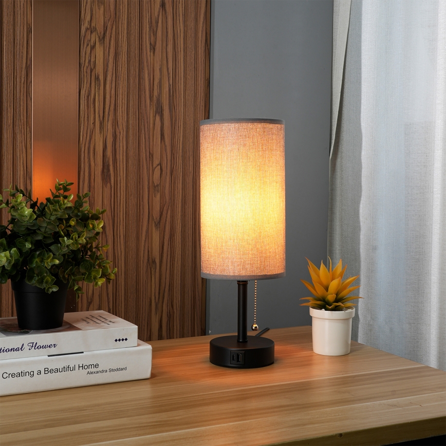 Brilagi - Luminária de mesa com porta USB TABLON 1xE27/25W/230V preta/cinza