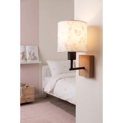 Brilagi - Aplique de parede infantil BOBO WOOD 1xE27/25W/230V carvalho/preto/branco/coelhinhos