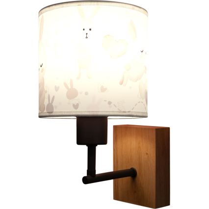 Brilagi - Aplique de parede infantil BOBO WOOD 1xE27/25W/230V carvalho/preto/branco/coelhinhos
