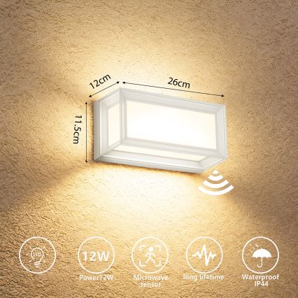 Brilagi - Candeeiro de parede exterior LED com sensor PARKER LED/12W/230V branco IP44