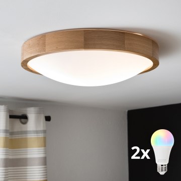 Brilagi - Luminária de teto LED RGBW dimerizável CARVALHO SLIM 2xE27/15W/230V 2700-6500K Wi-Fi carvalho, diâmetro 37 cm