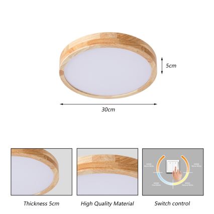Brilagi - Candeeiro de tecto WOODLINE LED/24W/230V 3000/4000/6000K carvalho, diâmetro 30 cm